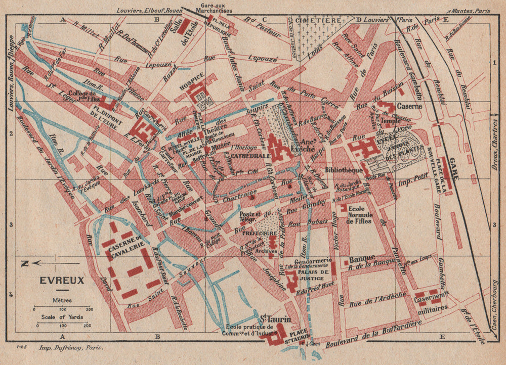 EVREUX. Vintage town city map plan. Eure 1926 old vintage chart