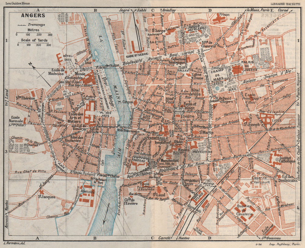 ANGERS. Vintage town city map plan. Maine-et-Loire 1926 old vintage chart