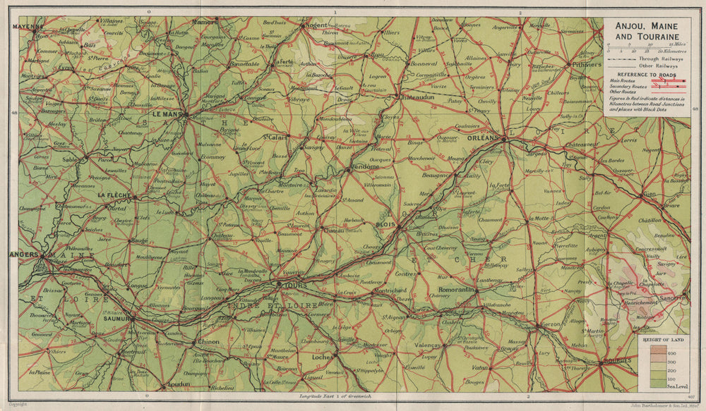 LOIRE VALLEY. Val de Loire. Anjou Maine Touraine. Angers Tours Blois 1926 map