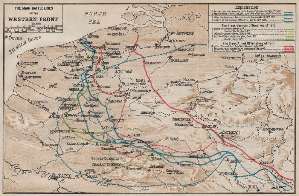 WESTERN FRONT MAIN BATTLE LINES. Vintage map. WW1 First World War. Flanders 1922