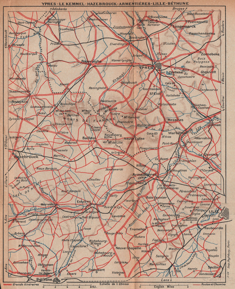 FLANDERS.Ypres Ieper Le Kemmel Hazebrouck Lille Bethune Armèntieres.WW1 1922 map
