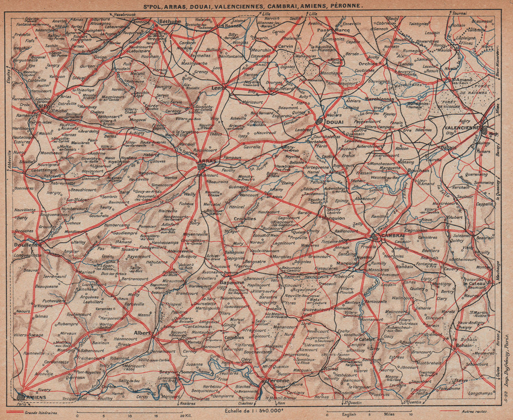 PICARDY NORD-PAS-DE-CALAIS. Arras Cambrai Douai Amiens Valenciennes 1922 map