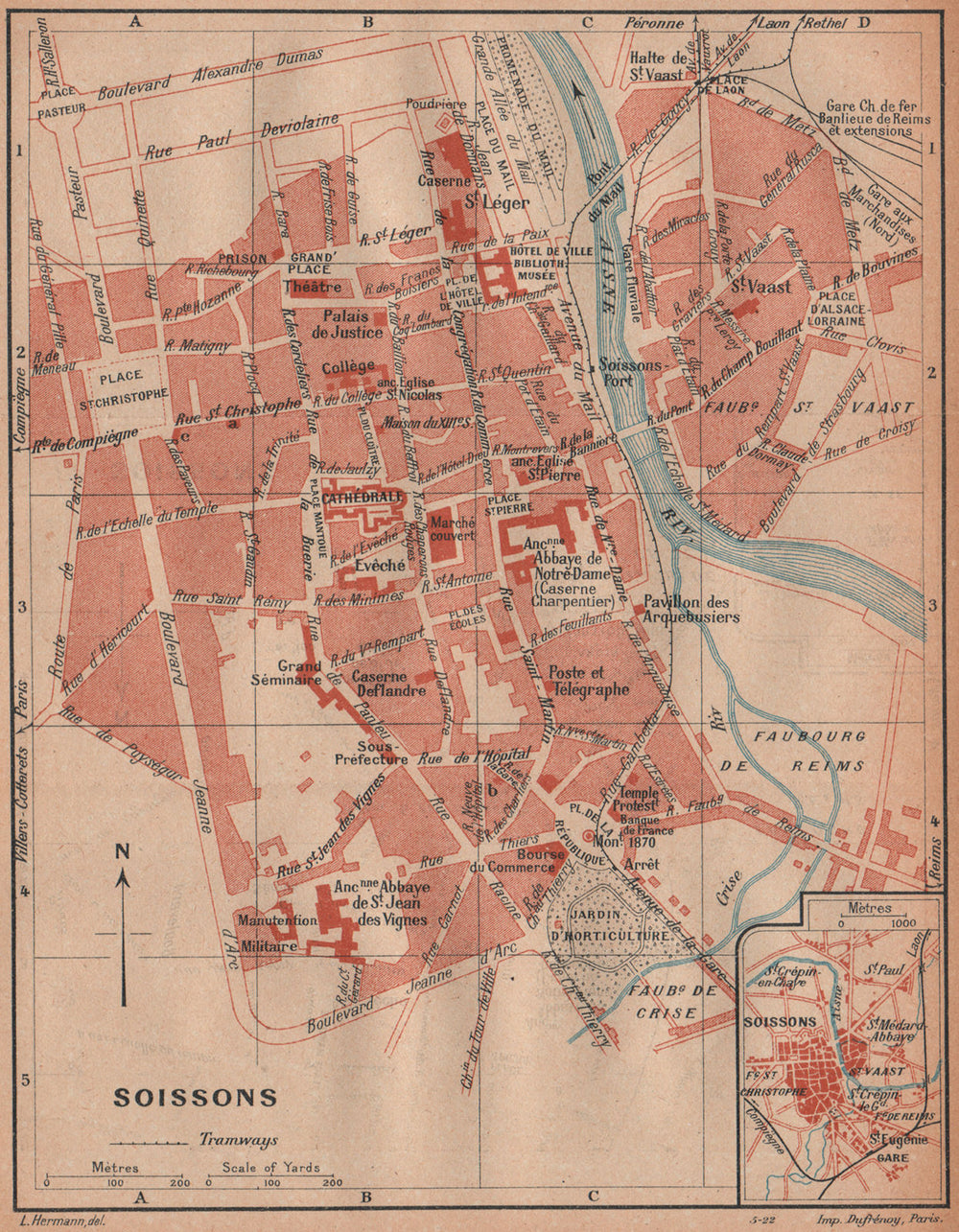 SOISSONS. Vintage town city ville map plan carte. Aisne 1922 old antique
