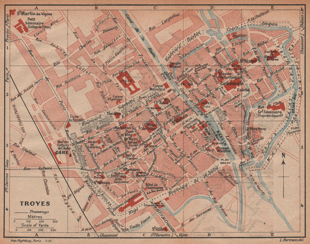 TROYES. Vintage town city ville map plan carte. Aube 1922 old antique
