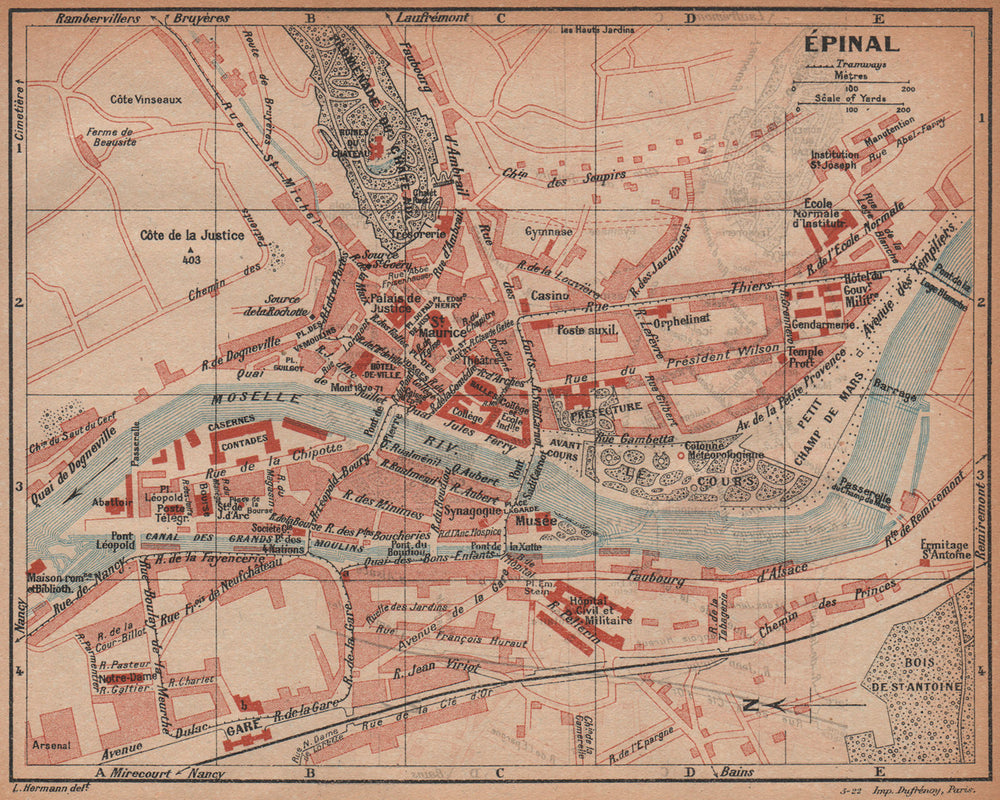 ÉPINAL EPINAL. Vintage town city ville map plan carte. Vosges 1922 old