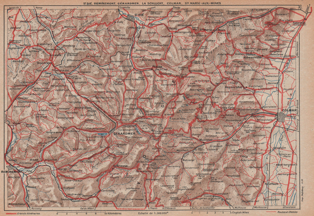 VOSGES.St Dié Remiremont Gérardmer La Schlucht Colmar.Haut-Rhin.Alsace 1922 map