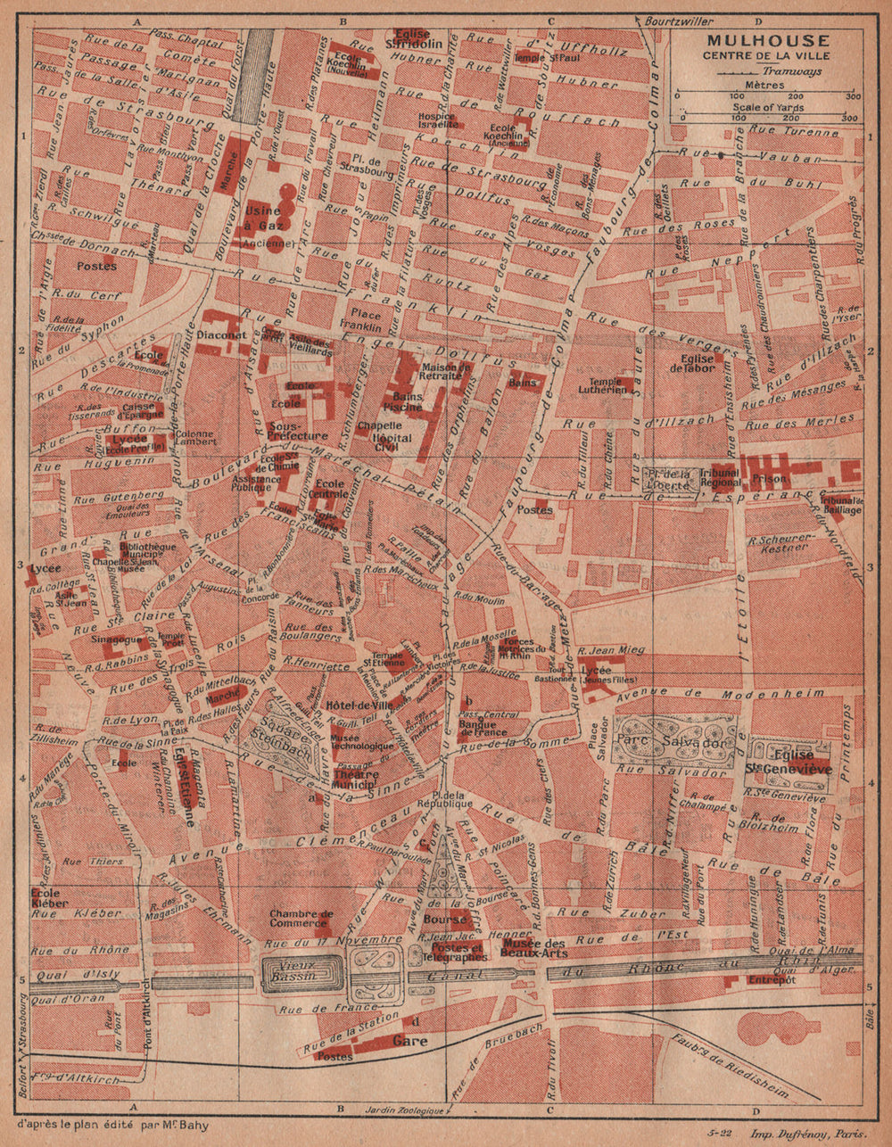 MULHOUSE. Centre de la ville. Vintage town city map plan carte. Haut-Rhin 1922