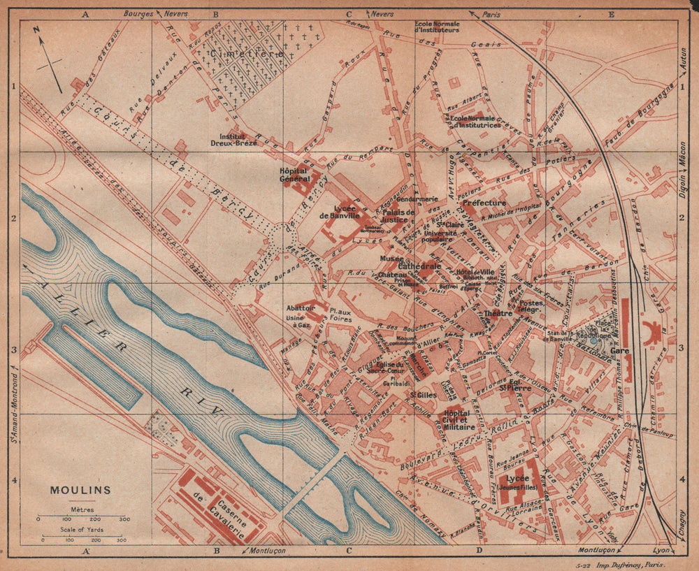 MOULINS. Vintage town city ville map plan carte. France 1922 old antique