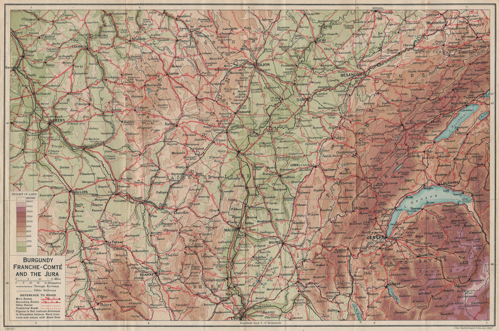 BURGUNDY FRANCHE-COMTÉ COMTE & JURA. Lyon Dijon Besancon Nevers Geneva 1922 map