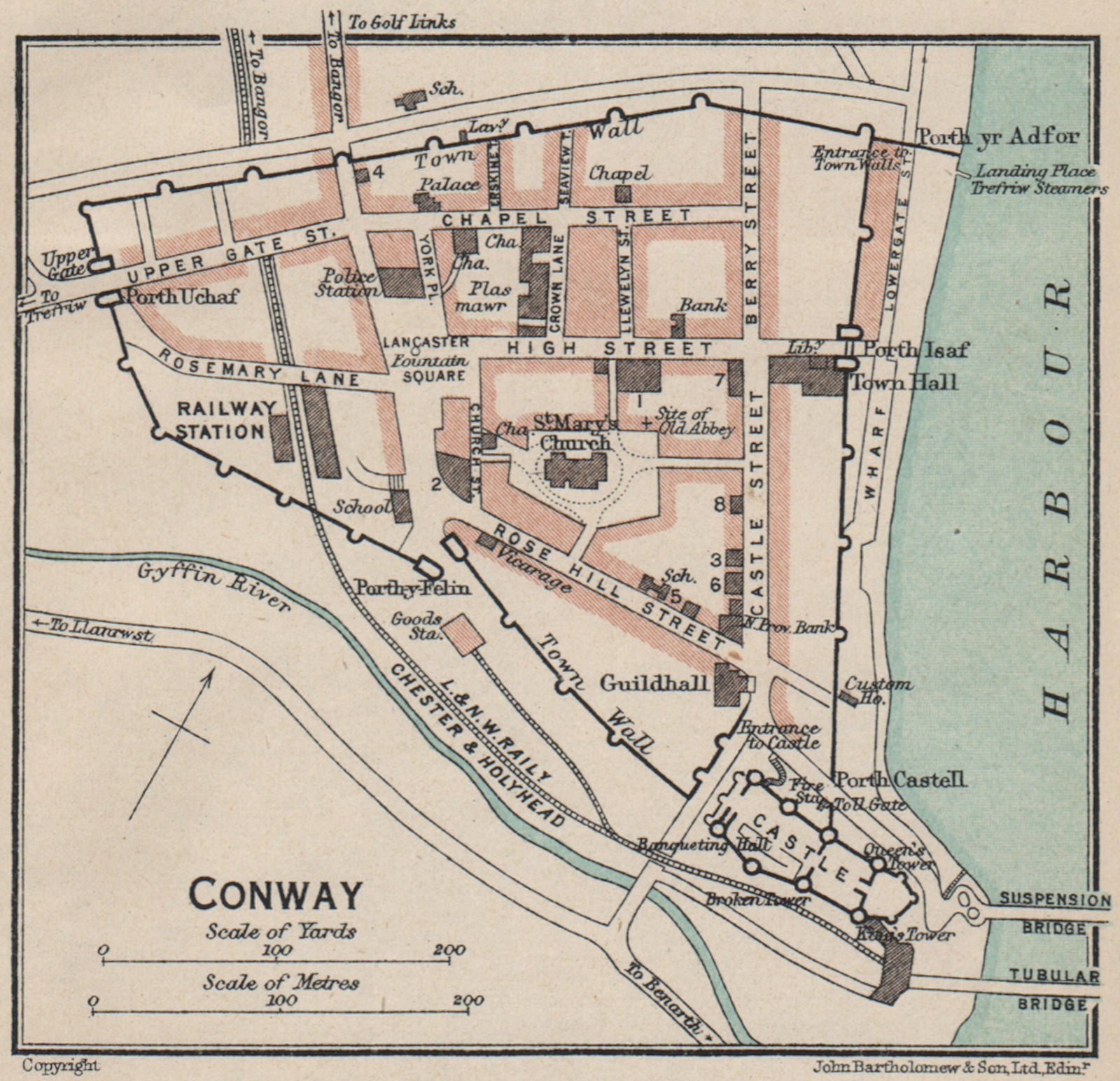 CONWY CONWAY. Vintage town city map plan. Fortifications. Castle. Wales ...