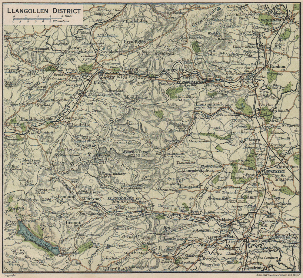 LLANGOLLEN DISTRICT. Berwyn range. Oswestry Wrexham Corwen Bala. Wales 1922 map