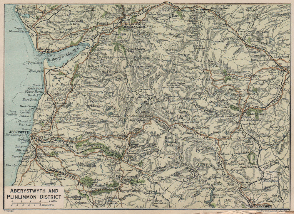 PLINLIMON DISTRICT. Aberystwyth. Cambrian Mountains. Llandiloes. Wales 1922 map