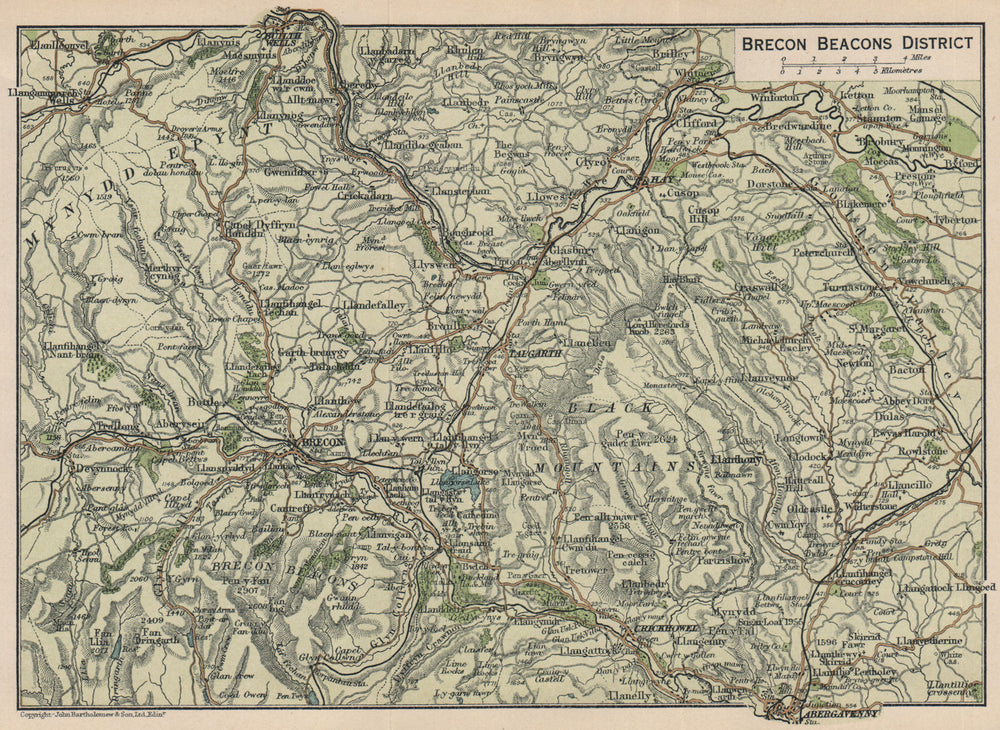 BRECON BEACONS. Vintage map. Abergavenney Builth Wells. Black Mountain 1922