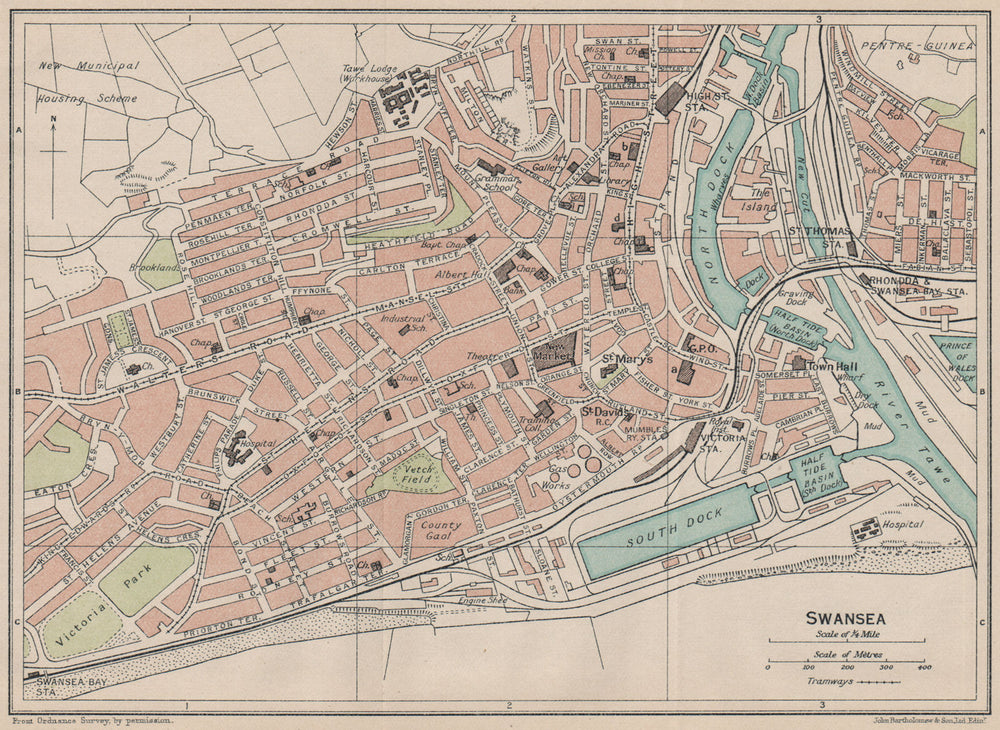 SWANSEA. Vintage town city map plan. Wales 1922 old antique chart