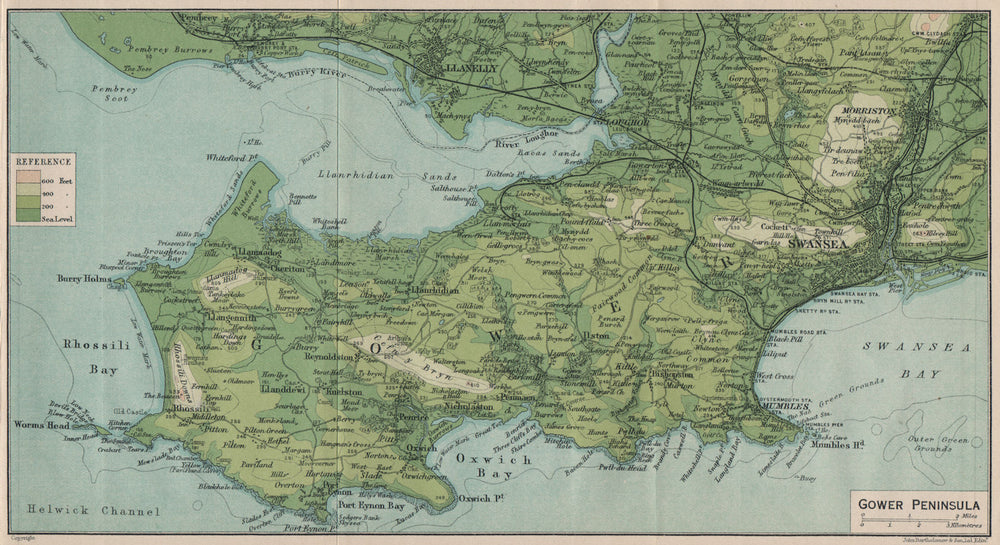 GOWER PENINSULA. Vintage map plan. Swansea Llanelly Mumbles. Wales 1922