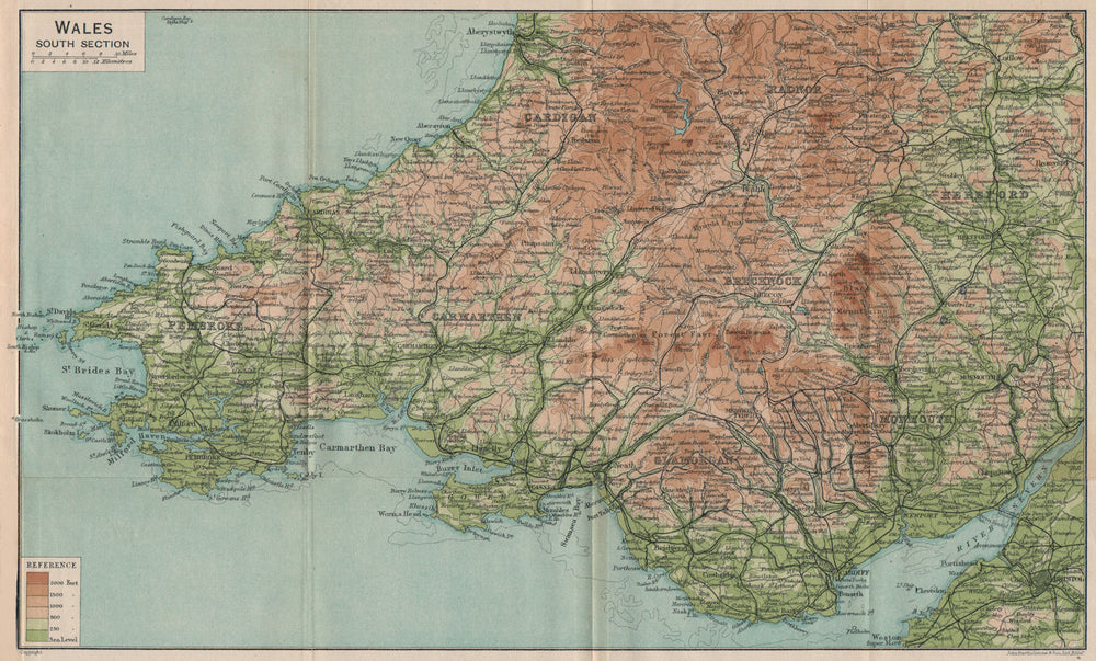 SOUTH WALES. Pembroke Cardigan Carmarthen Glamorgan Monmouth Brecknock 1922 map