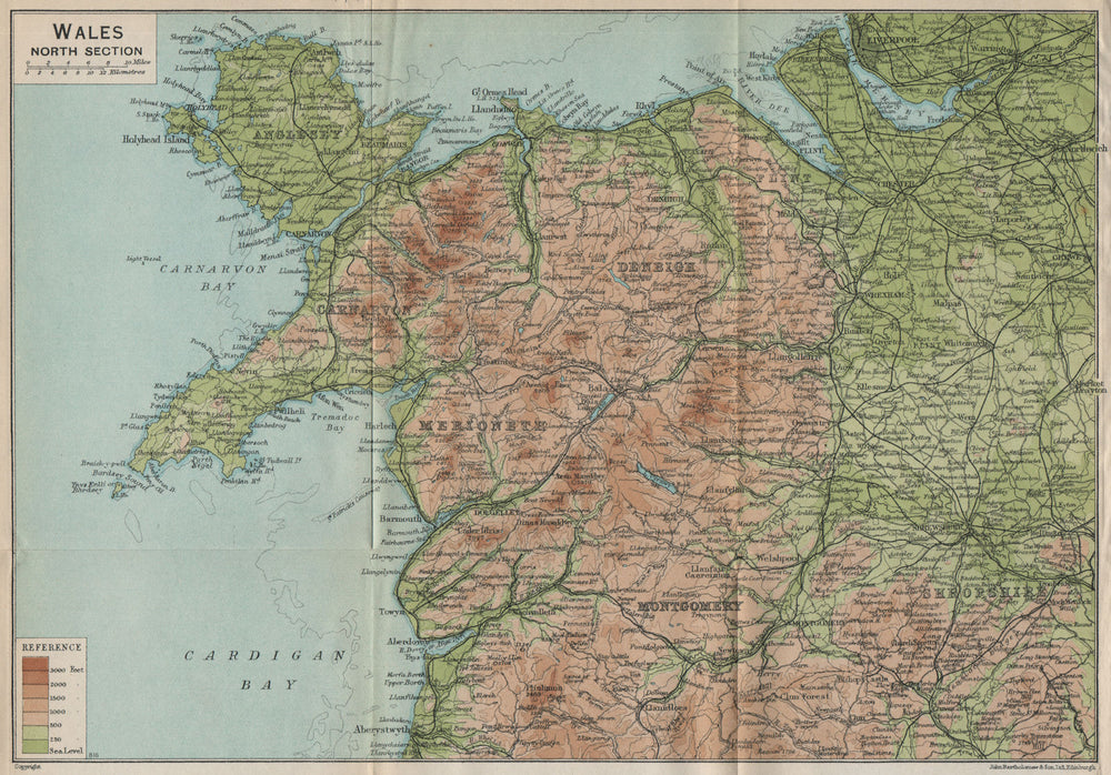NORTH WALES. Anglesey Caernarvon Merioneth Montgomery Denbigh Flint 1926 map