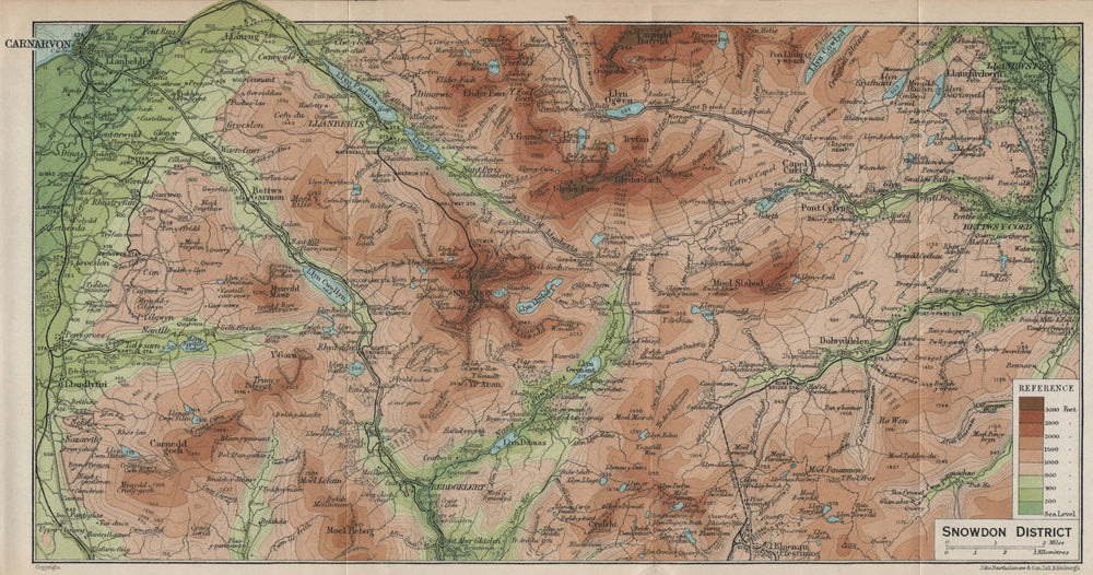 SNOWDON DISTRICT. Vintage map plan. Llanberis. Glyder fawr fach. Wales 1926