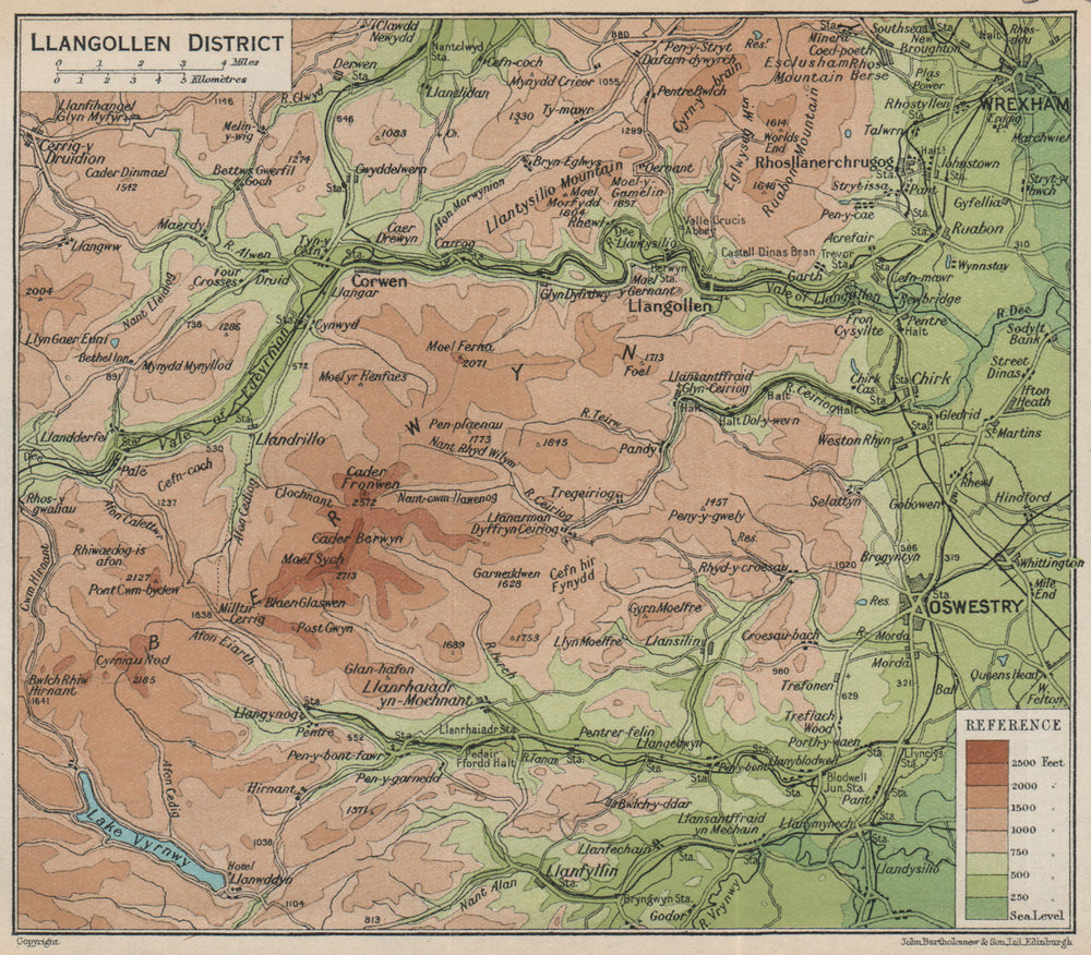 LLANGOLLEN DISTRICT. Berwyn range. Oswestry Wrexham Corwen Bala. Wales 1926 map