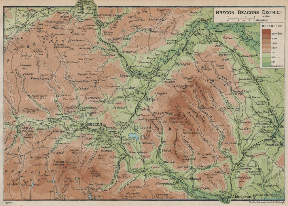 BRECON BEACONS. Vintage map. Abergavenney Builth Wells. Black Mountain 1926