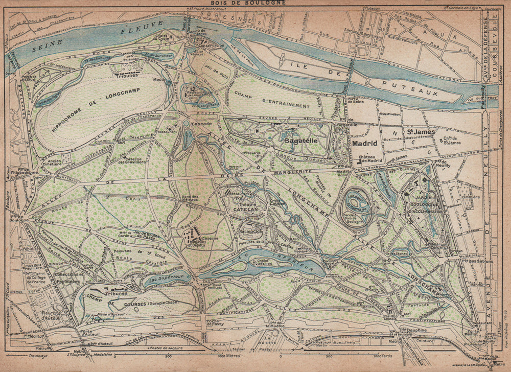 BOIS DE BOULOGNE. Vintage map plan. Paris 1922 old antique chart