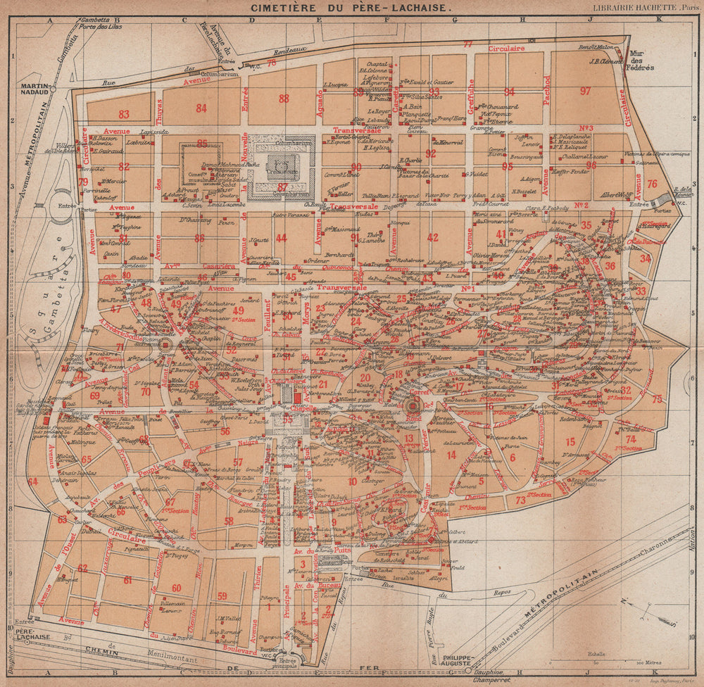 CIMETIÈRE DU PÈRE-LACHAISE. Vintage map plan. Pere-Lachaise cemetery. Paris 1922