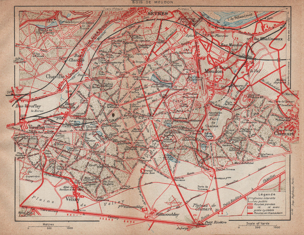 BOIS DE MEUDON. Vintage map plan. Sèvres Chaville Vélizy Clamart. Yvelines 1922