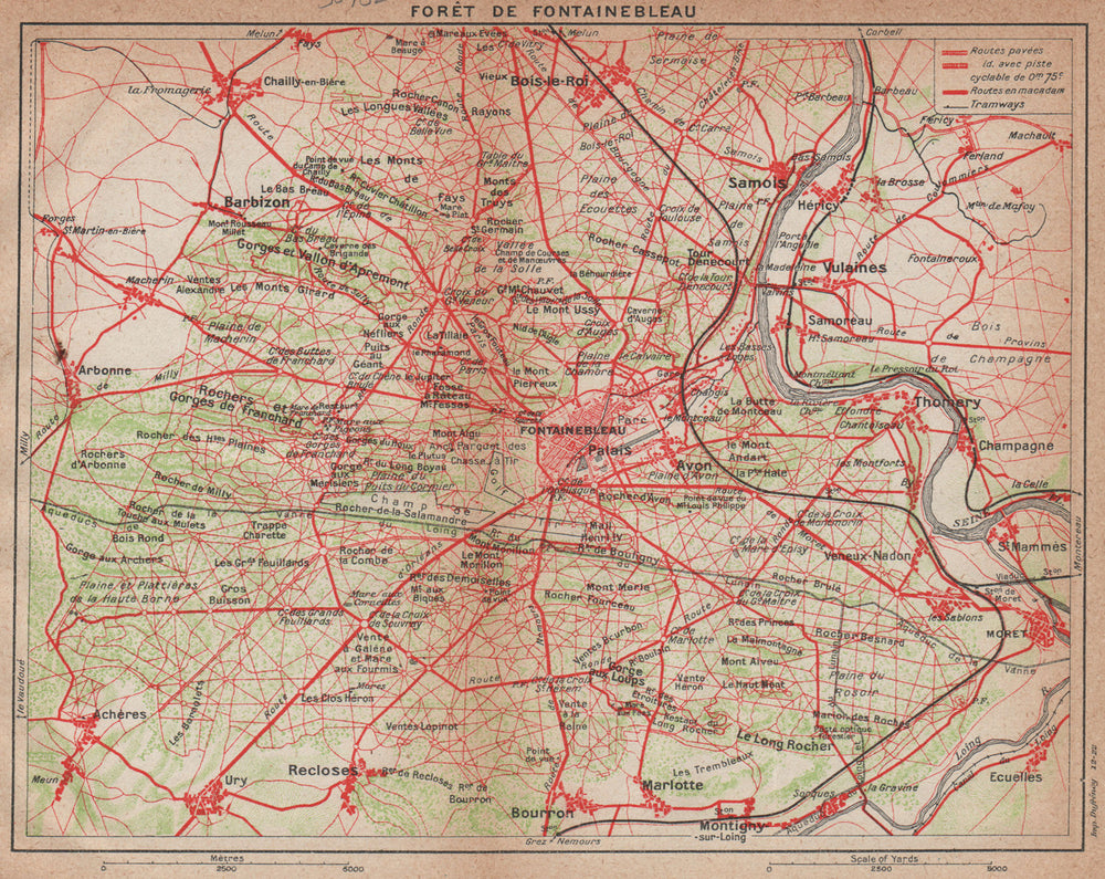 FORÊT DE FONTAINEBLEAU. Vintage map plan. Seine-et-Marne 1922 old antique