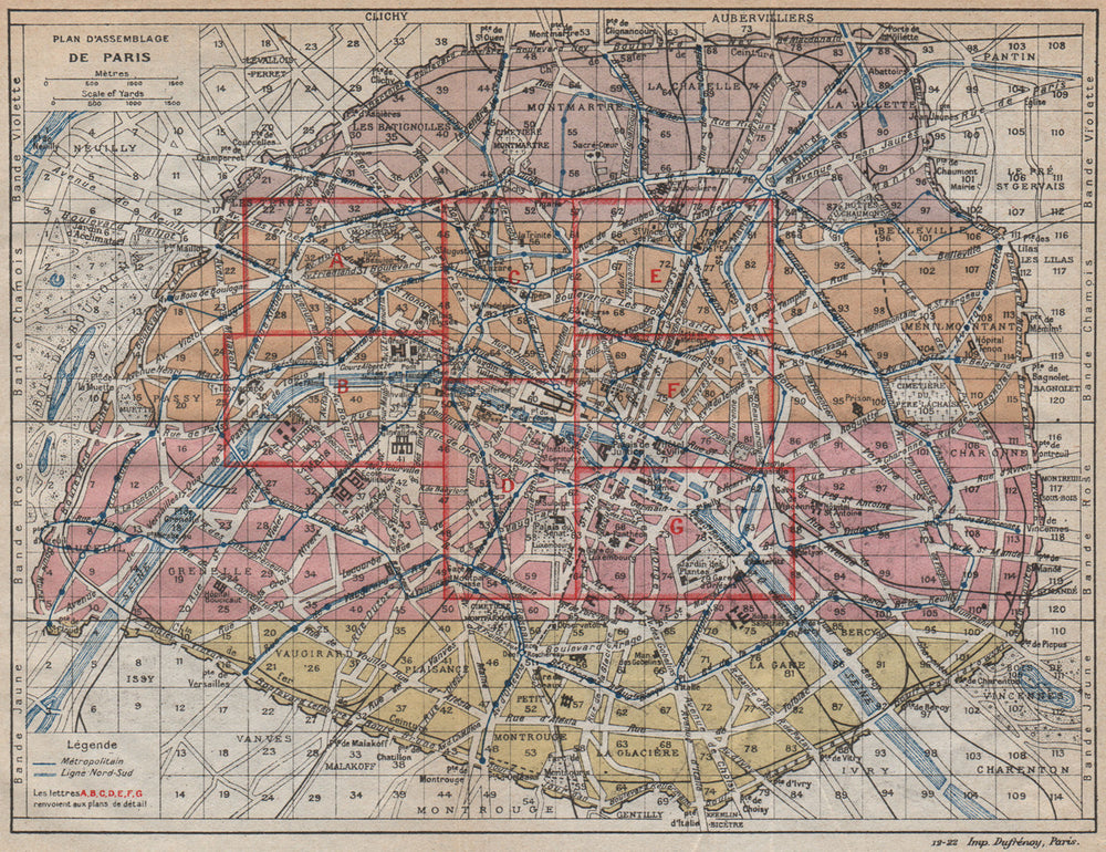 PARIS INDEX MAP. Metropolitain. Plan d'assemblage. Vintage map plan. Paris 1922