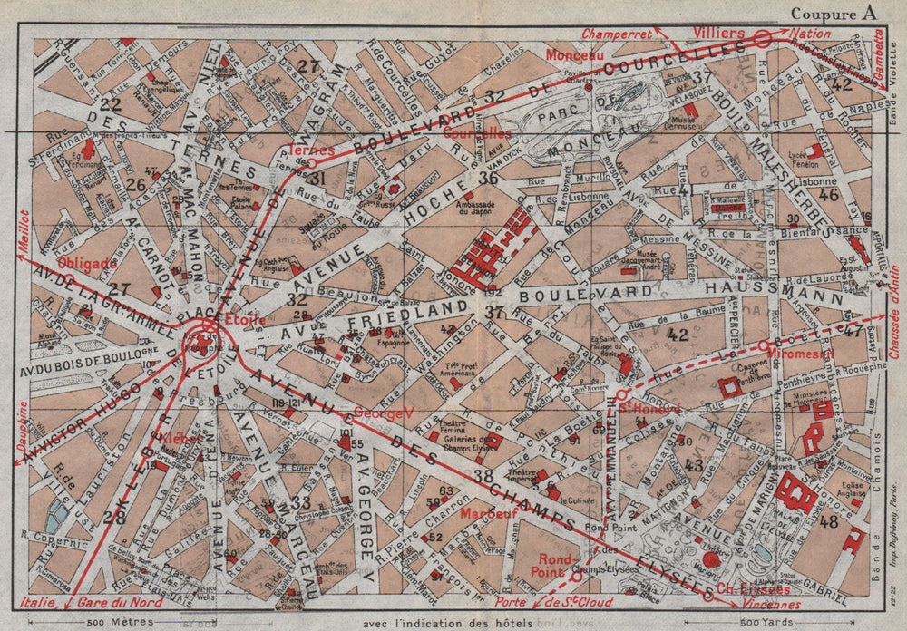 PARIS 8E 17E 16E. Place d'Etoile Champs Elysees. Blvd Hausmann 1922 old map