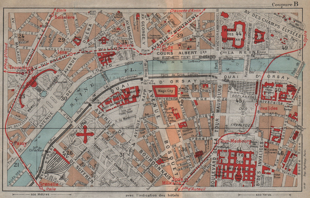 PARIS 16E 7E 8E.Trocadero Invalides Tour Eiffel Beaux-Arts.Vintage plan 1922 map