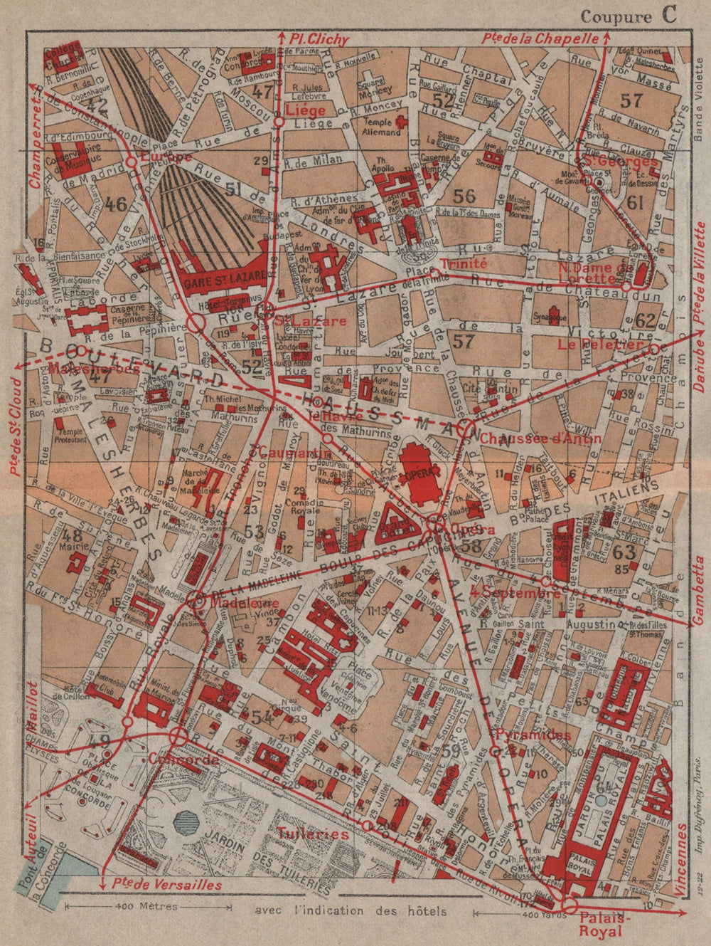 PARIS 9E 1E 2E 8E.Tuileries Opera St Lazare Blvd Hausmann.Vintage plan 1922 map
