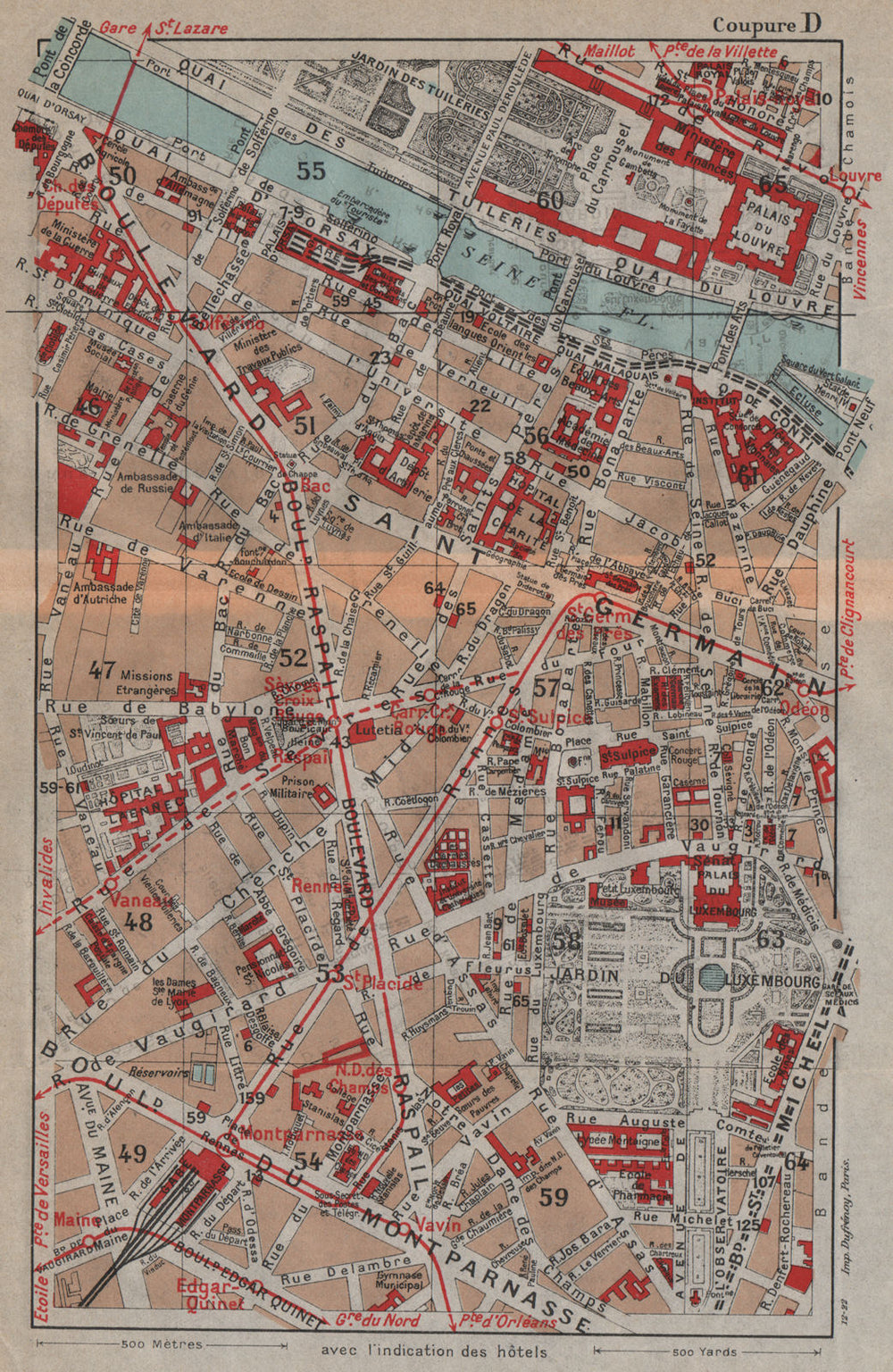 PARIS 6E 7E.St Germain Blvd Montparnasse Luxembourg Louvre.Vintage plan 1922 map