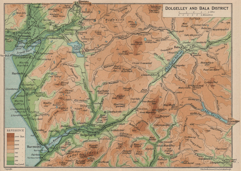 SNOWDONIA SOUTH. Dolgellau & Bala district. Barmouth Porthmadog. Wales 1936 map