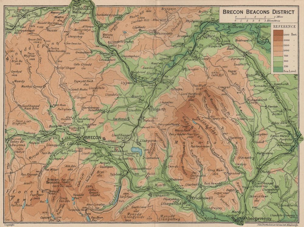 BRECON BEACONS. Vintage map. Abergavenny Builth Wells. Black Mountain 1936