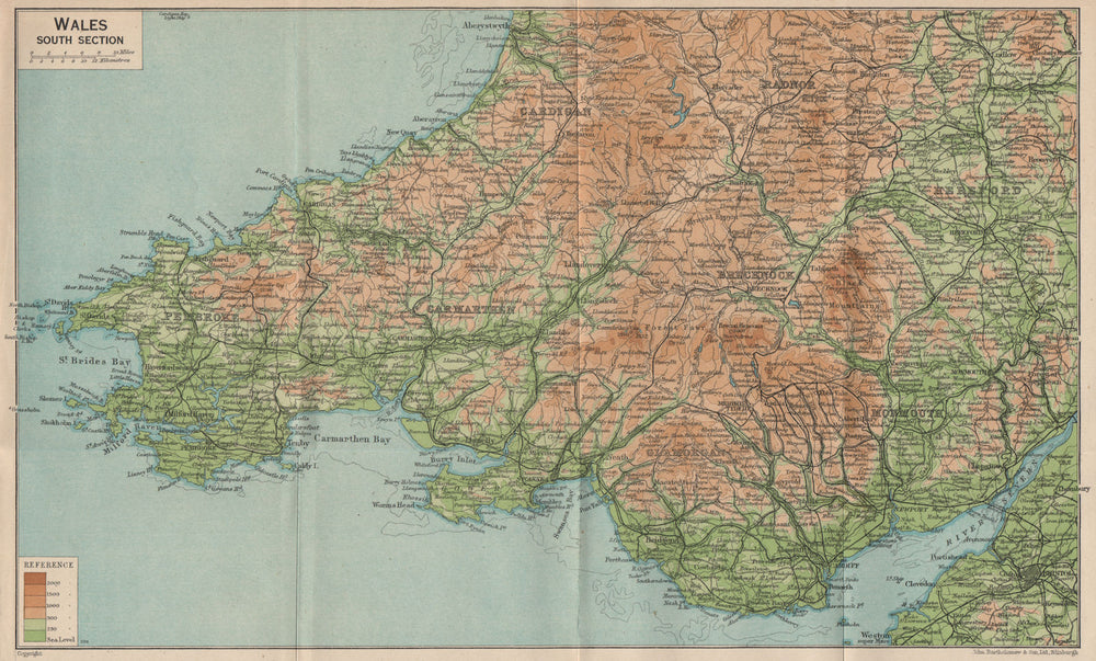 SOUTH WALES. Pembroke Cardigan Carmarthen Glamorgan Monmouth Brecknock 1936 map