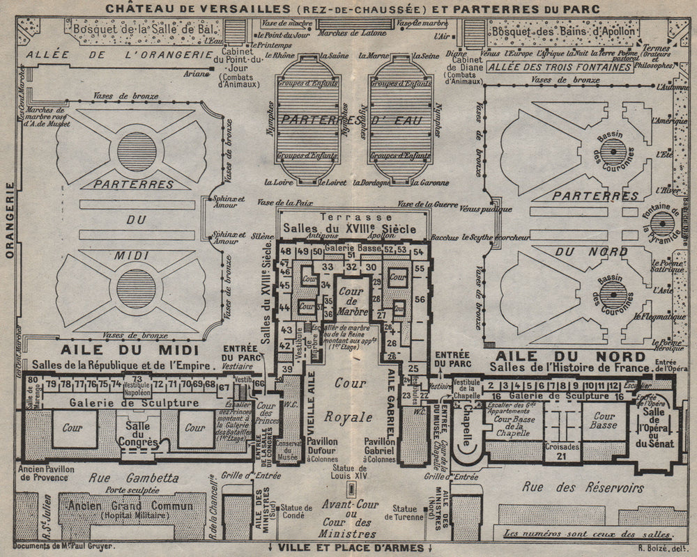 CHÂTEAU DE VERSAILLES. Ground floor. Parterres. Vintage map. Yvelines 1927