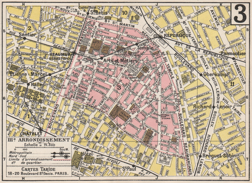 PARIS. 3rd 3e IIIe. Arrondissement. Temple. TARIDE 1926 old vintage map chart