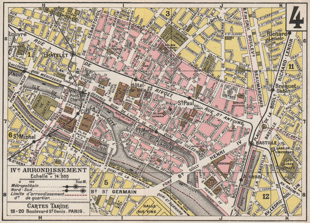 PARIS. 4th 4e IVe. Arrondissement. Hôtel-de-Ville. TARIDE 1926 old vintage map