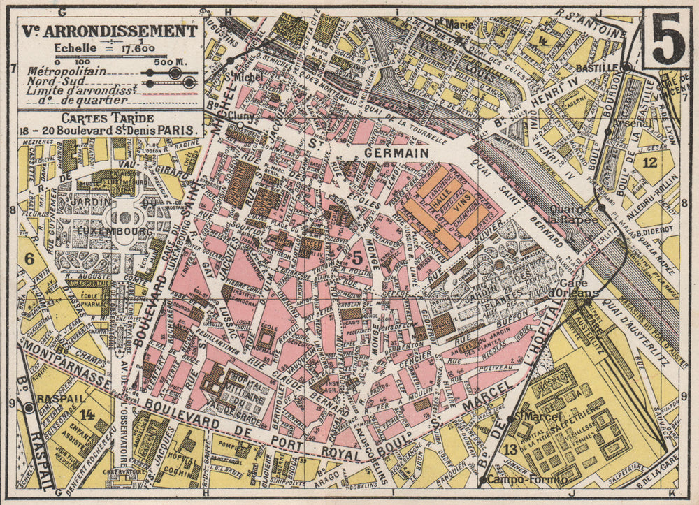 PARIS. 5th 5e Ve. Arrondissement. Panthéon. TARIDE 1926 old vintage map chart