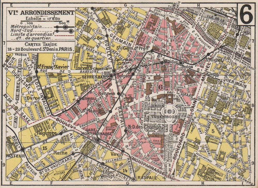 PARIS. 6th 6e VIe. Arrondissement. Luxembourg. TARIDE 1926 old vintage map