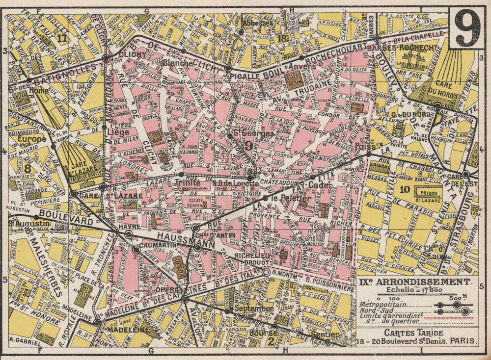 PARIS. 9th 9e IXe. Arrondissement. Opéra. TARIDE 1926 old vintage map chart