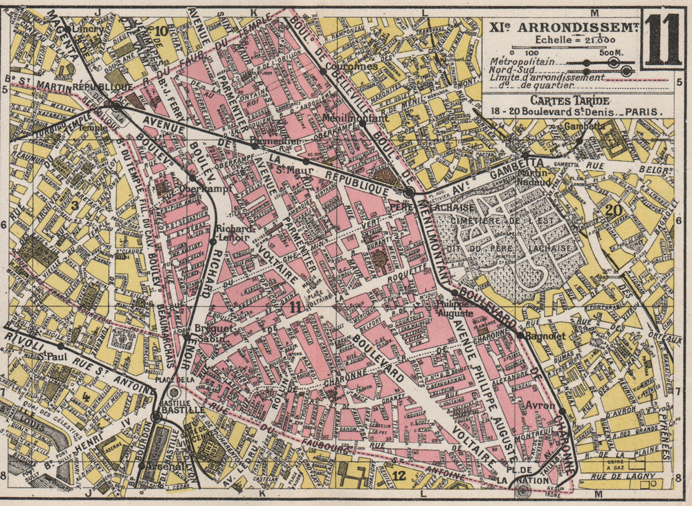 PARIS. 11th 11e XIe. Arrondissement. Popincourt. TARIDE 1926 old vintage map