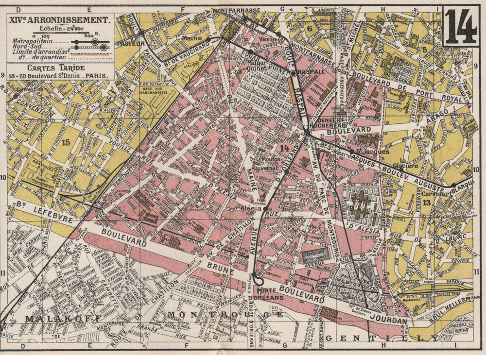 PARIS. 14th 14e XIVe. Arrondissement. Observatoire. TARIDE 1926 old map