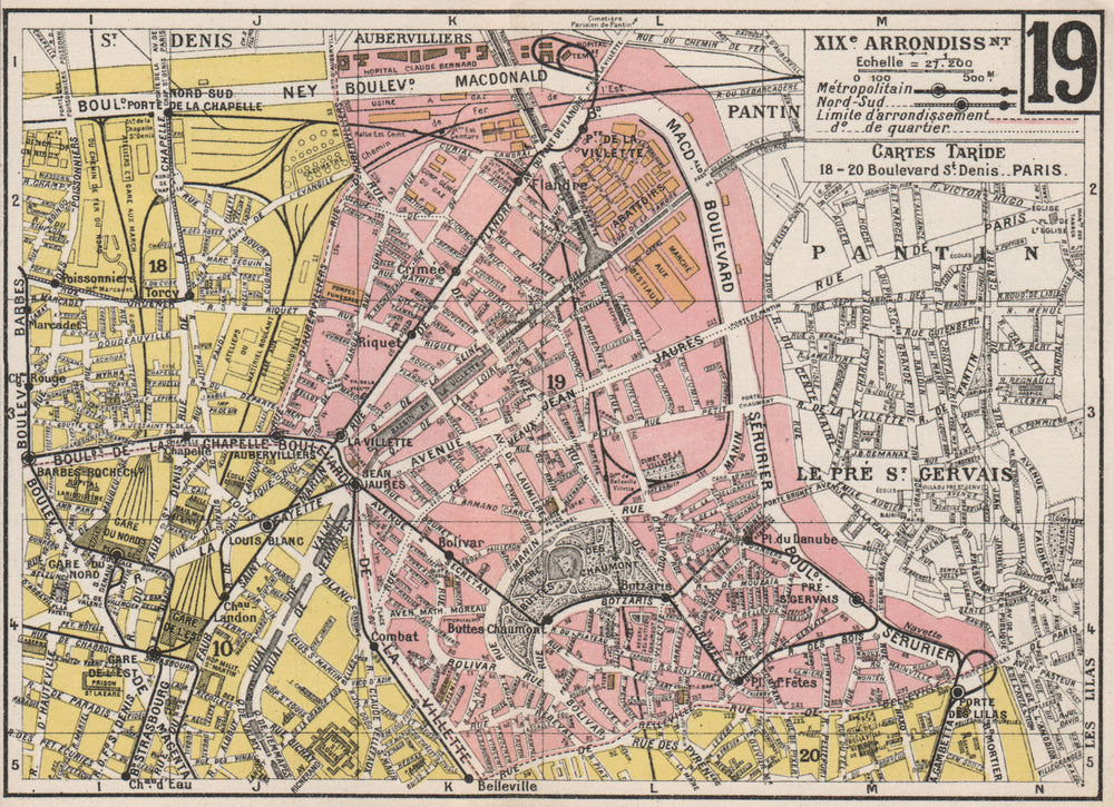 PARIS. 19th 19e XIXe. Arrondissement. Buttes-Chaumont. TARIDE 1926 old map