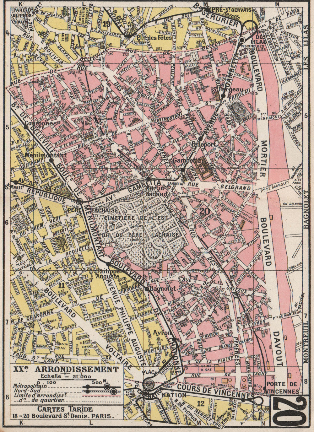 PARIS. 20th 20e XXe. Arrondissement. Ménilmontant. TARIDE 1926 old vintage map