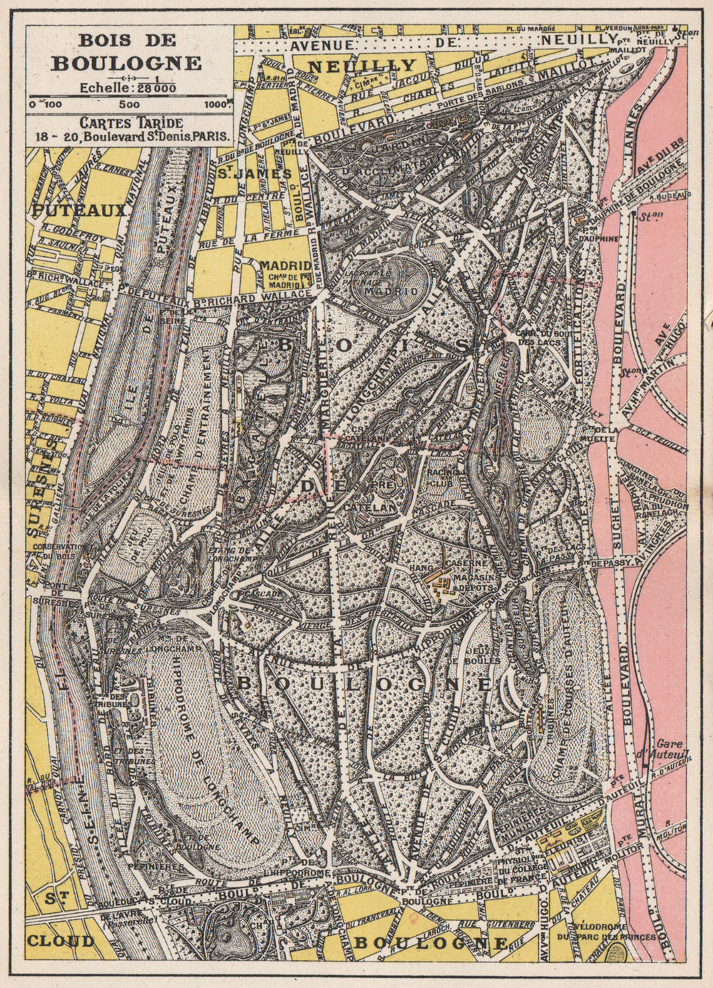 BOIS DE BOULOGNE. Plan carte. Paris. TARIDE 1926 old vintage map chart