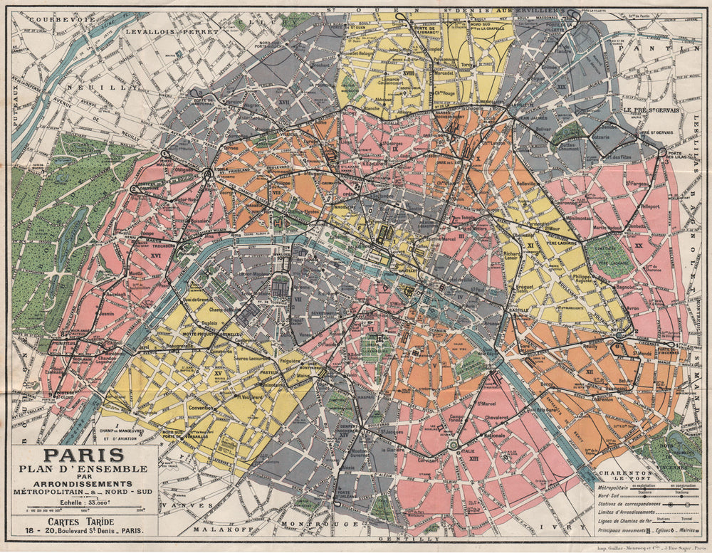 PARIS. Plan d'ensemble par Arrondissements Métropolitain. TARIDE 1926 old map