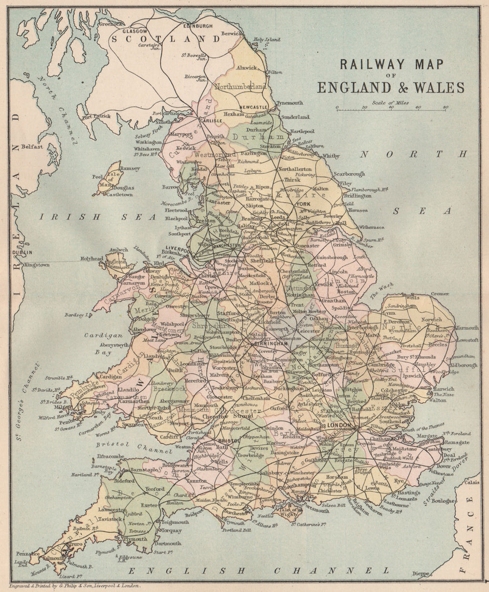 GREAT BRITAIN RAILWAYS. Railway map of England & Wales. PHILIP 1882 old