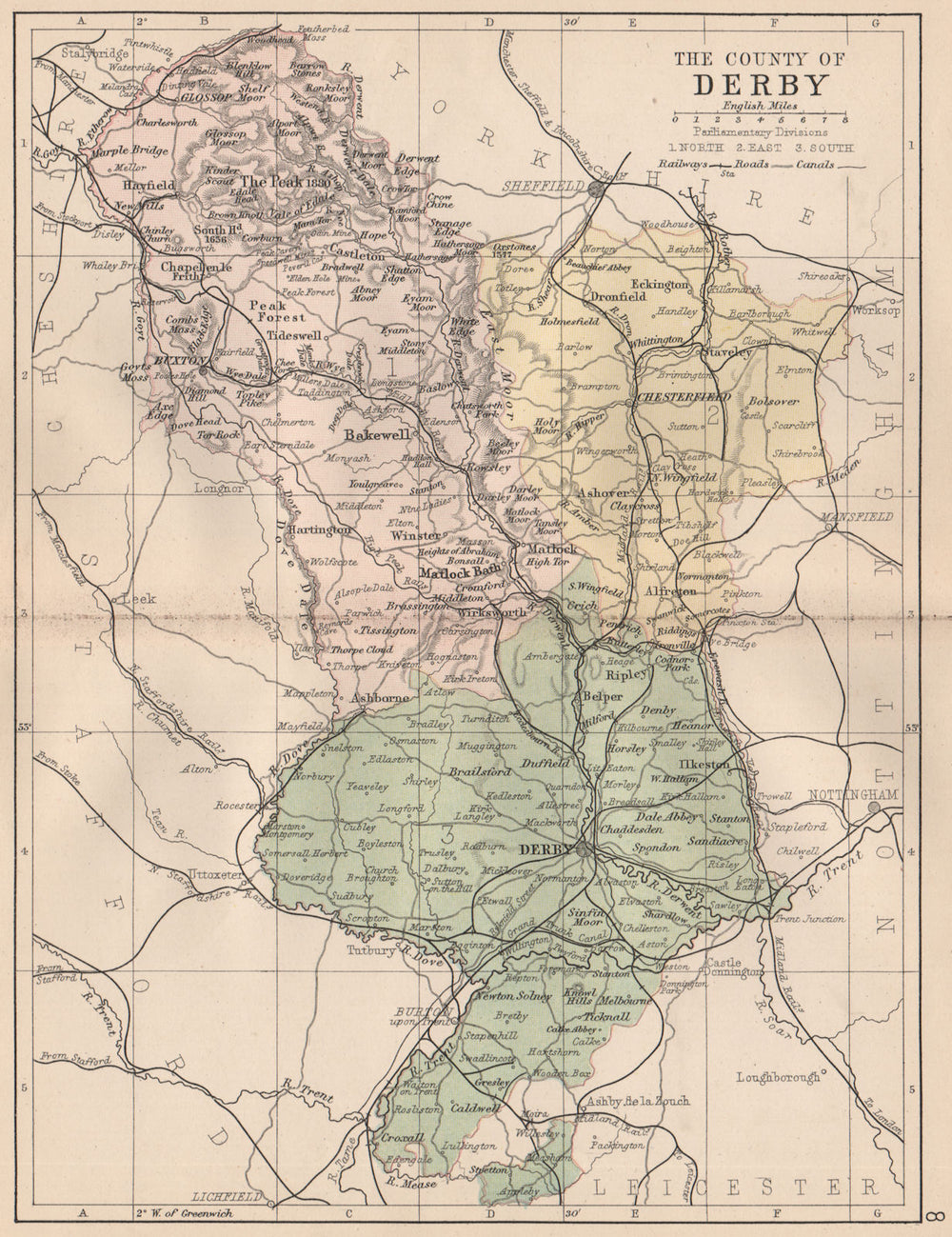 DERBYSHIRE. Antique county map. Railways canals. Constituencies. PHILIP 1882